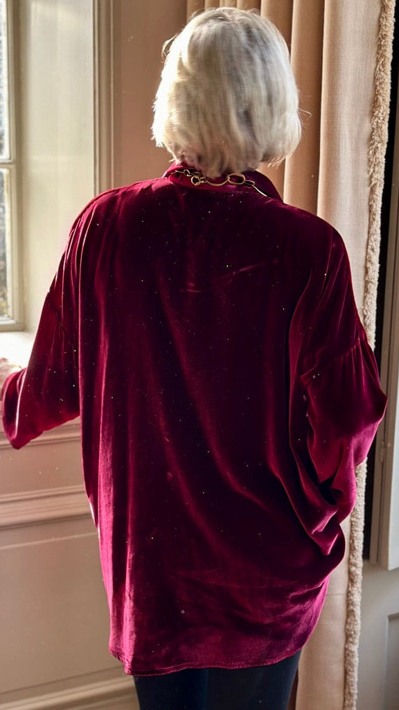 N-THE SOHO OVERSIZED SHIRT IN INTENSE BURGUNDY VELVET