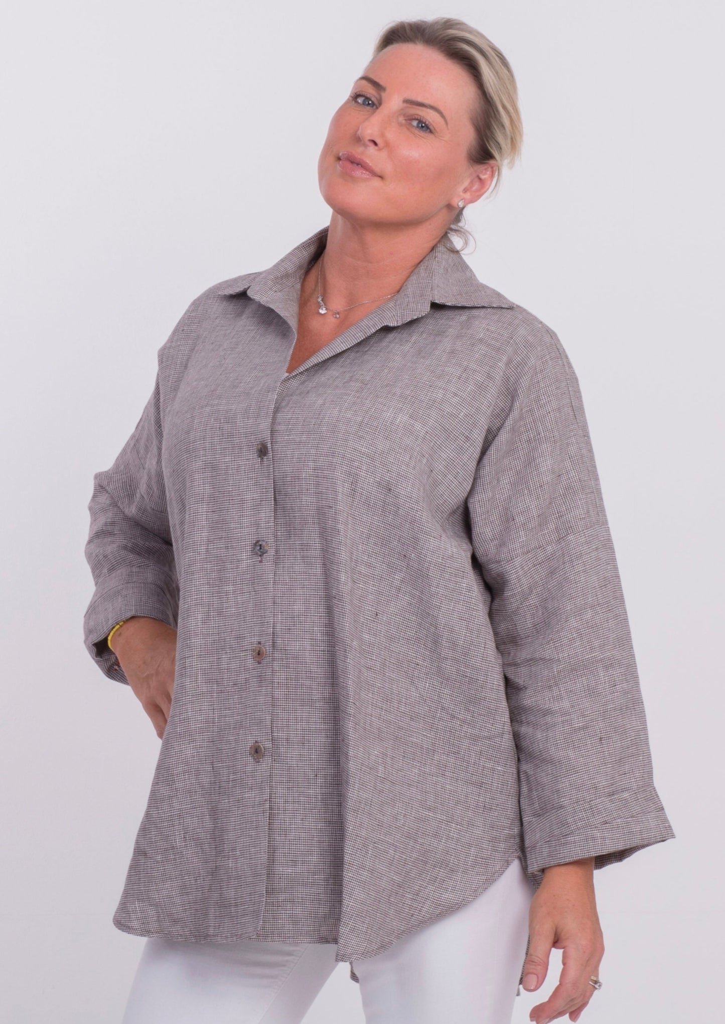 THE SOHO OVERSIZED SHIRT IN COFFEE AND IVORY CHECK LINEN