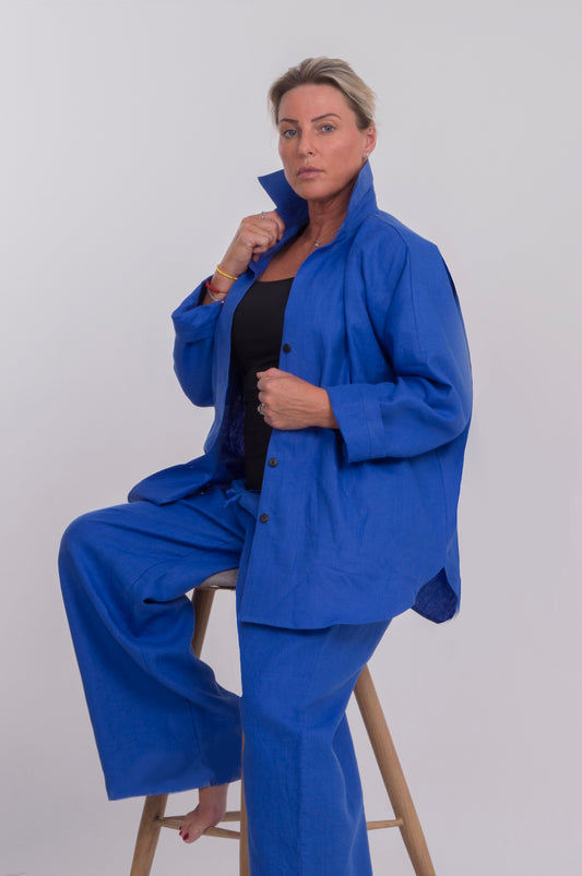 THE SOHO WIDE-LEGGED TROUSERS IN ROYAL BLUE LINEN