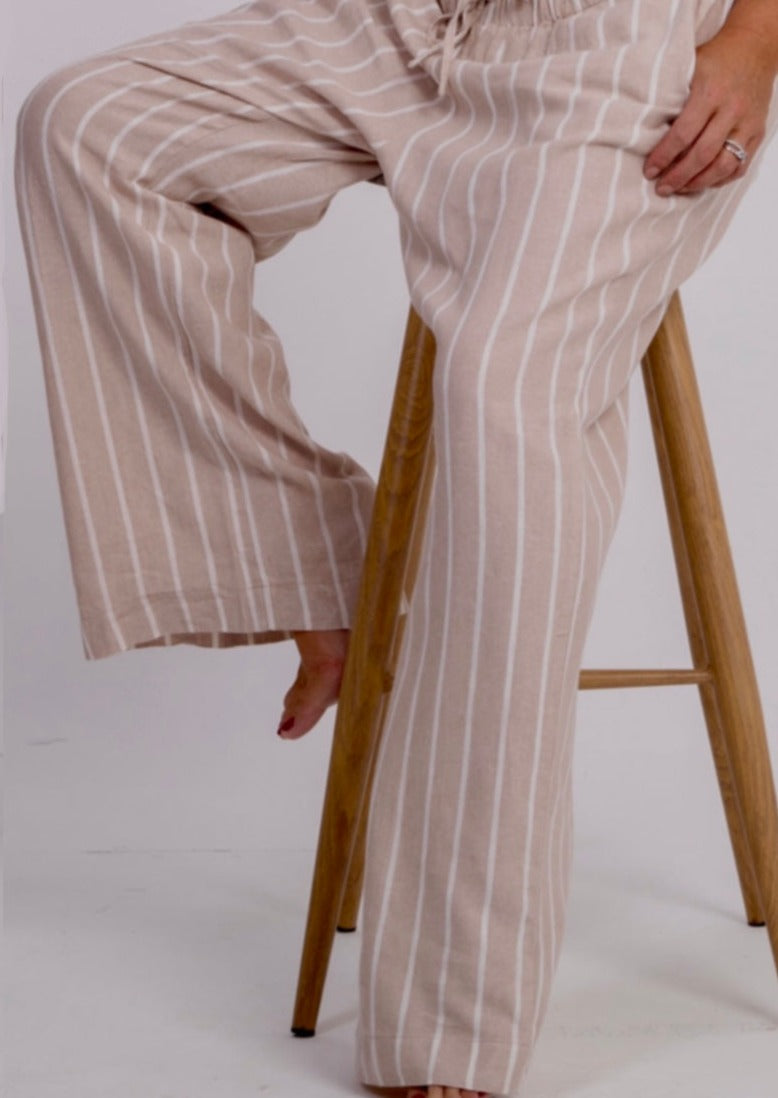 B-THE SOHO WIDE-LEGGED TROUSERS IN BEIGE AND WHITE LINEN BLEND