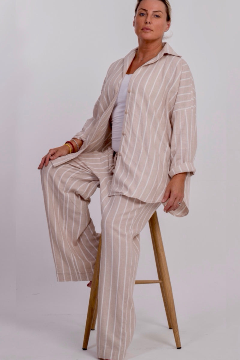 B-THE SOHO WIDE-LEGGED TROUSERS IN BEIGE AND WHITE LINEN BLEND