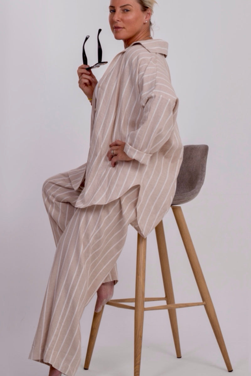 B-THE SOHO WIDE-LEGGED TROUSERS IN BEIGE AND WHITE LINEN BLEND