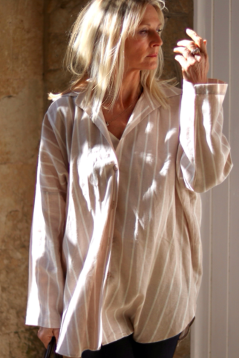 A-THE SOHO OVERSIZED SHIRT IN BEIGE AND WHITE LINEN BLEND