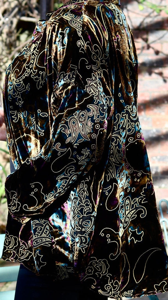 AB -THE SOHO OVERSIZED SHIRT IN DEVORÉ SILK VELVET WITH GOLD ACCENTS ON EARTHY TONES