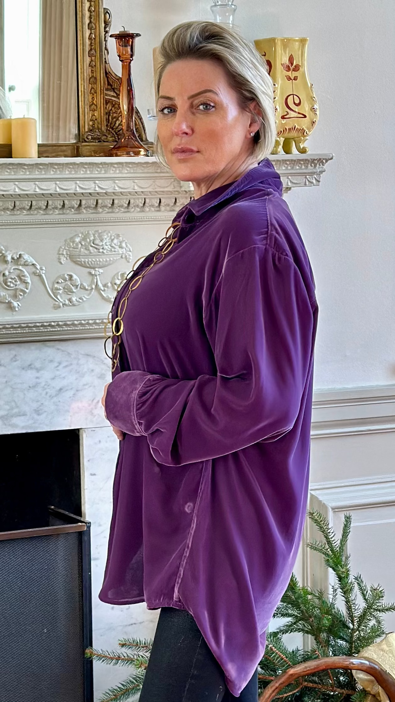 M-THE KENSINGTON OVERSIZED VELVET SHIRT IN WINTER IRIS