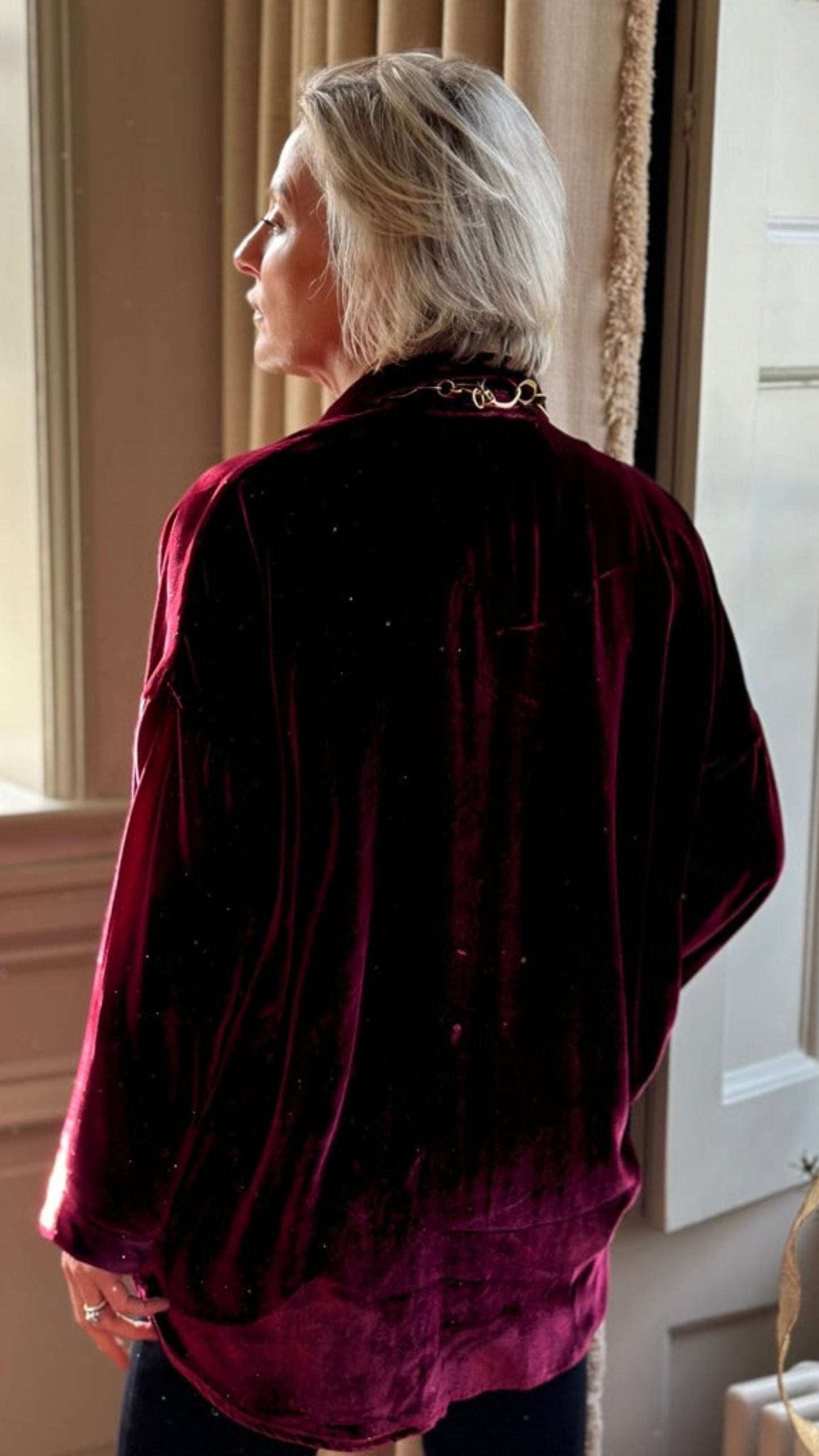 N-THE SOHO OVERSIZED SHIRT IN INTENSE BURGUNDY VELVET