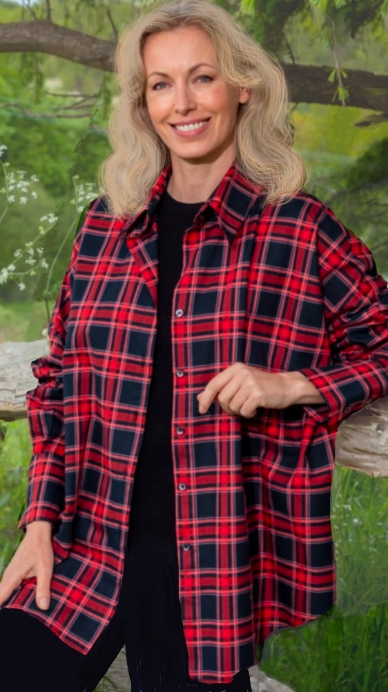 J-THE CHELSEA OVERSIZED SHIRT IN RED TARTAN