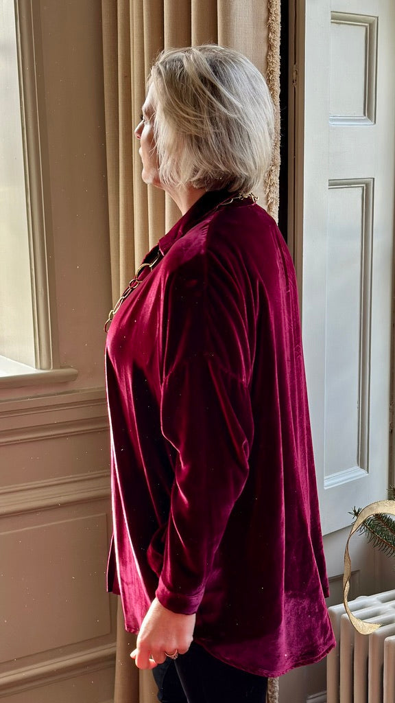 N-THE SOHO OVERSIZED SHIRT IN INTENSE BURGUNDY VELVET