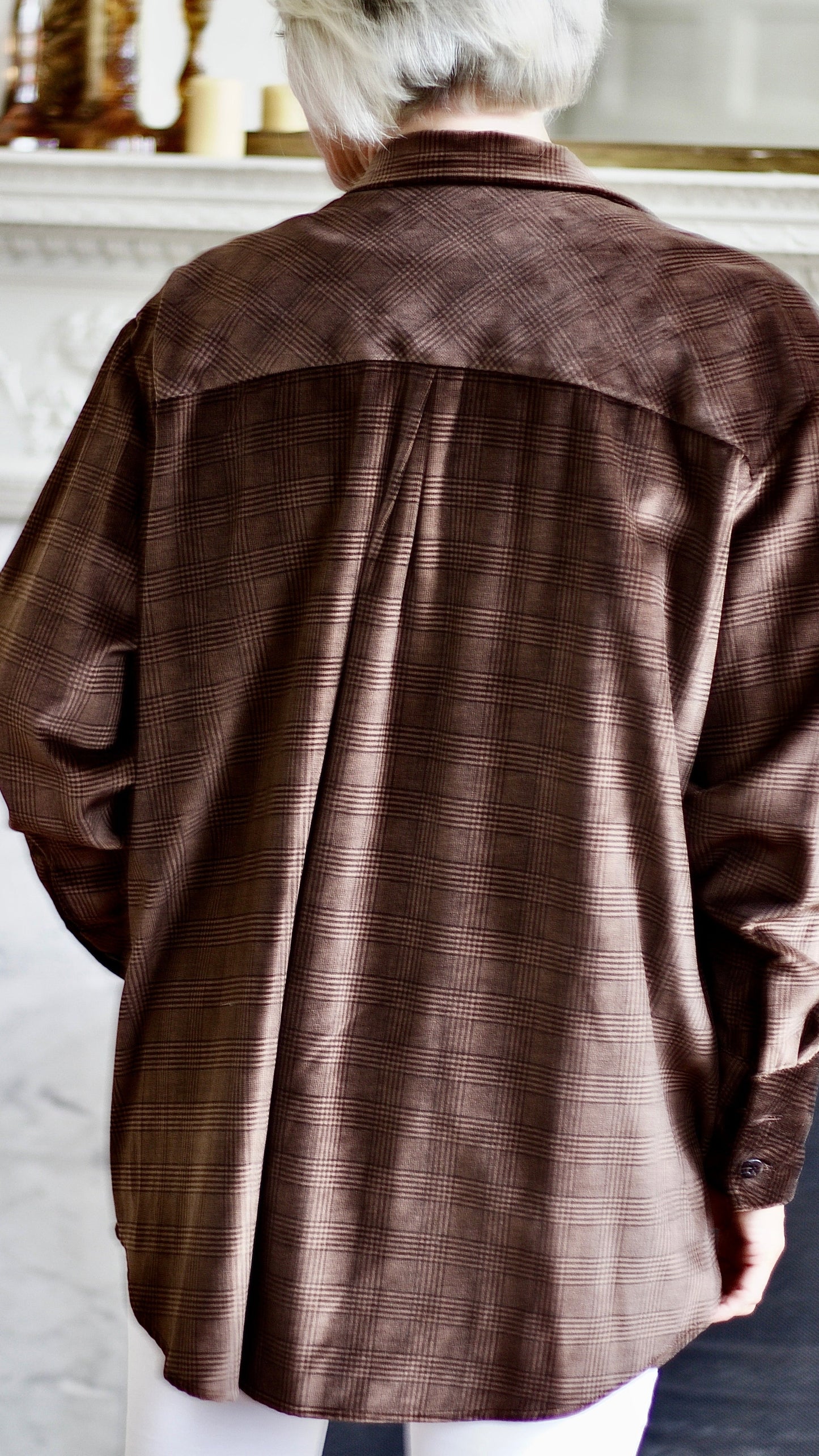 E-THE ABBEY ROAD OVERSIZED SHIRT IN CHOCOLATE BROWN CHECKED VELVET