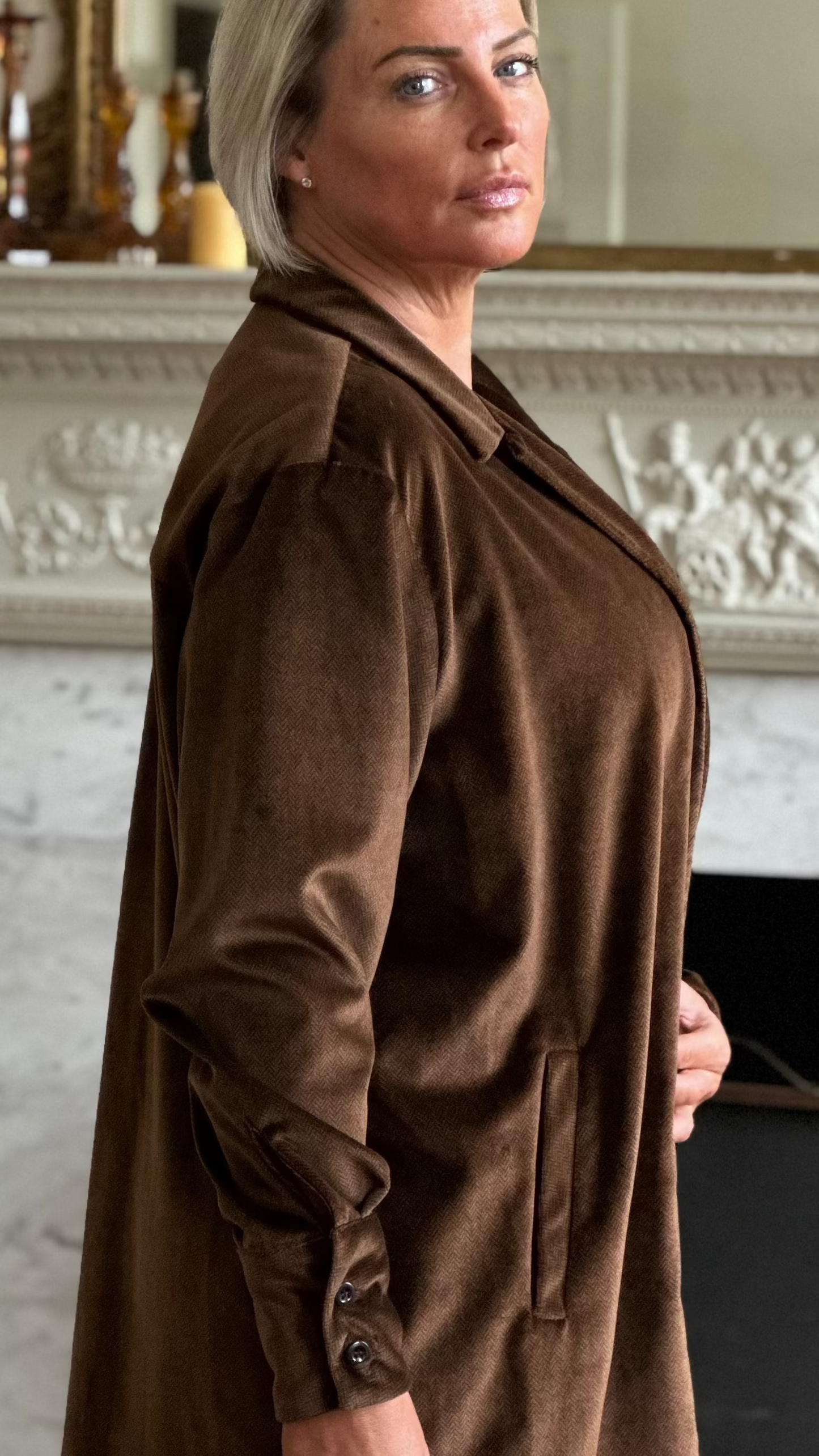 B-THE ABBEY ROAD OVERSIZED SHIRT IN CHESTNUT HERRINGBONE VELVET