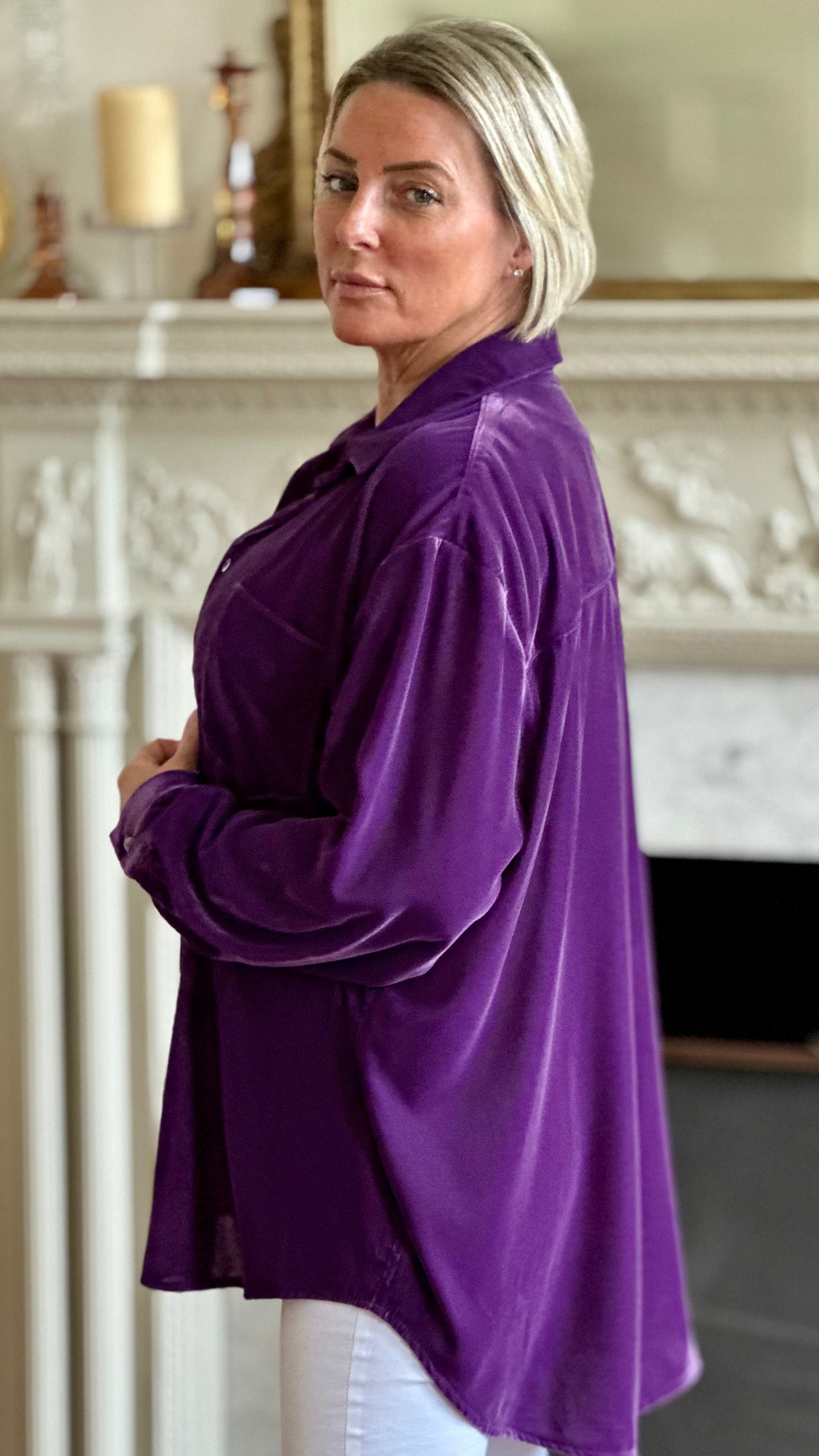 M-THE KENSINGTON OVERSIZED VELVET SHIRT IN WINTER IRIS