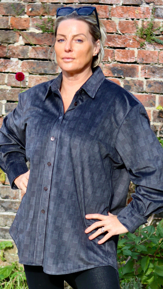 F-THE KENSINGTON OVERSIZED SHIRT IN GREY PRINCE OF WALES CHECK VELVET