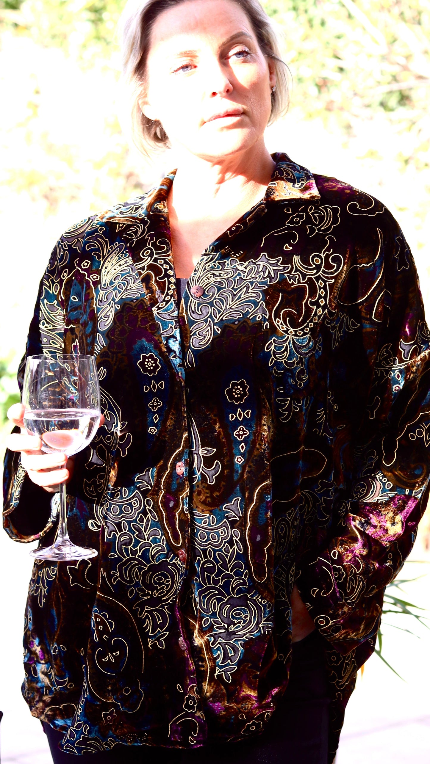 AB -THE SOHO OVERSIZED SHIRT IN DEVORÉ SILK VELVET WITH GOLD ACCENTS ON EARTHY TONES