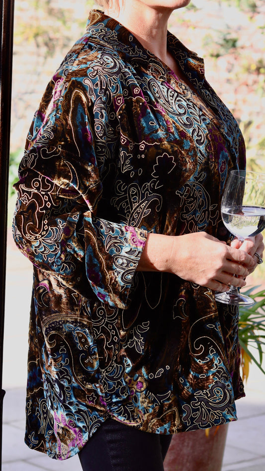 AB -THE SOHO OVERSIZED SHIRT IN DEVORÉ SILK VELVET WITH GOLD ACCENTS ON EARTHY TONES