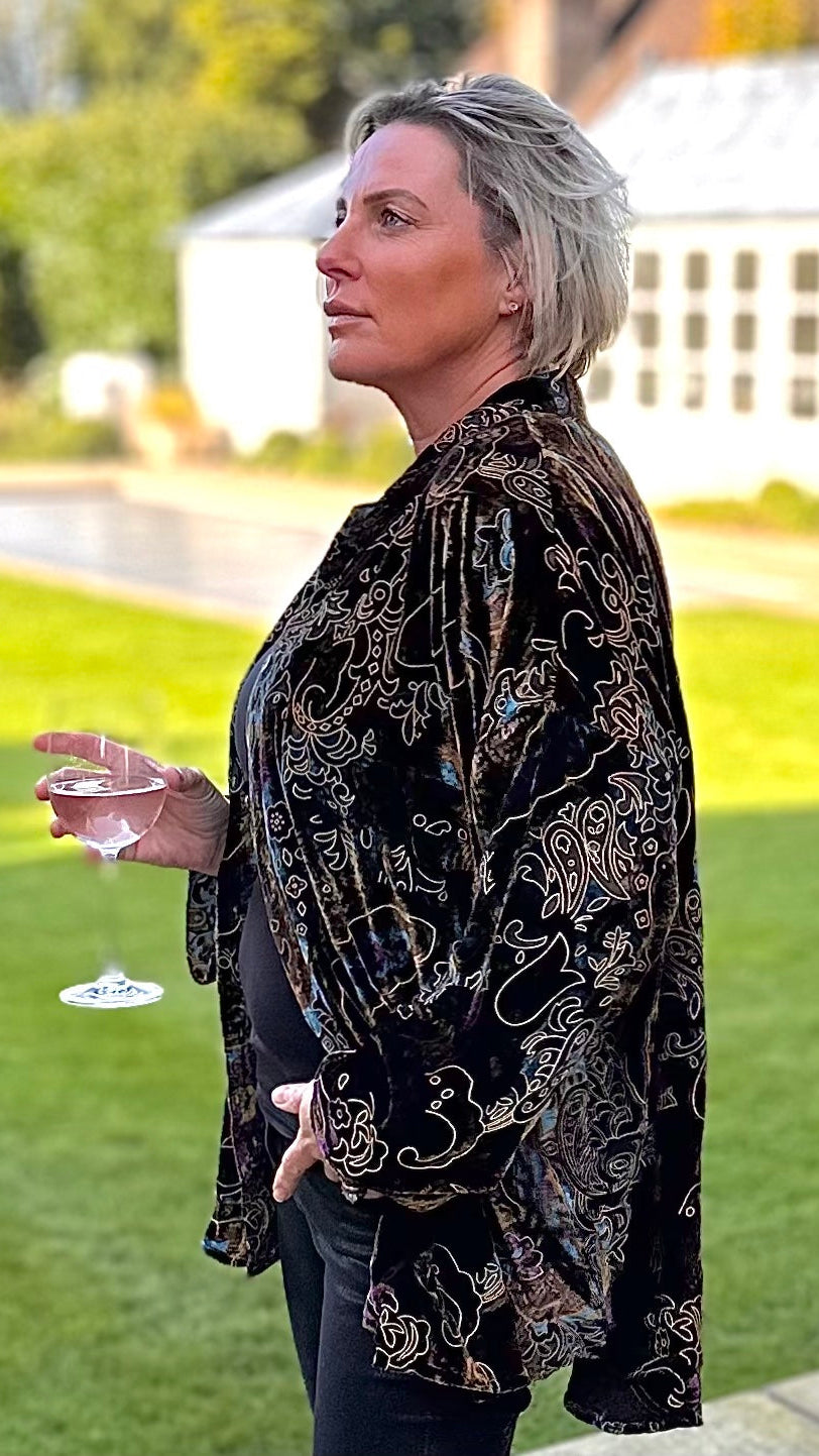 AB -THE SOHO OVERSIZED SHIRT IN DEVORÉ SILK VELVET WITH GOLD ACCENTS ON EARTHY TONES