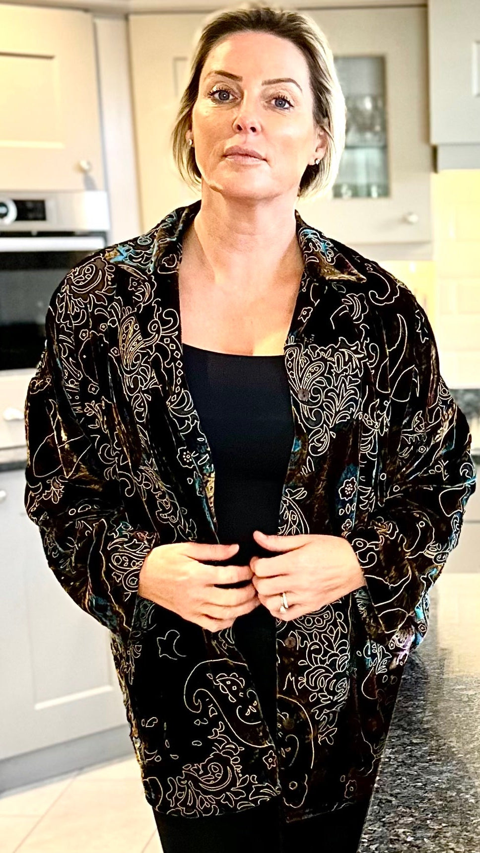 AB -THE SOHO OVERSIZED SHIRT IN DEVORÉ SILK VELVET WITH GOLD ACCENTS ON EARTHY TONES