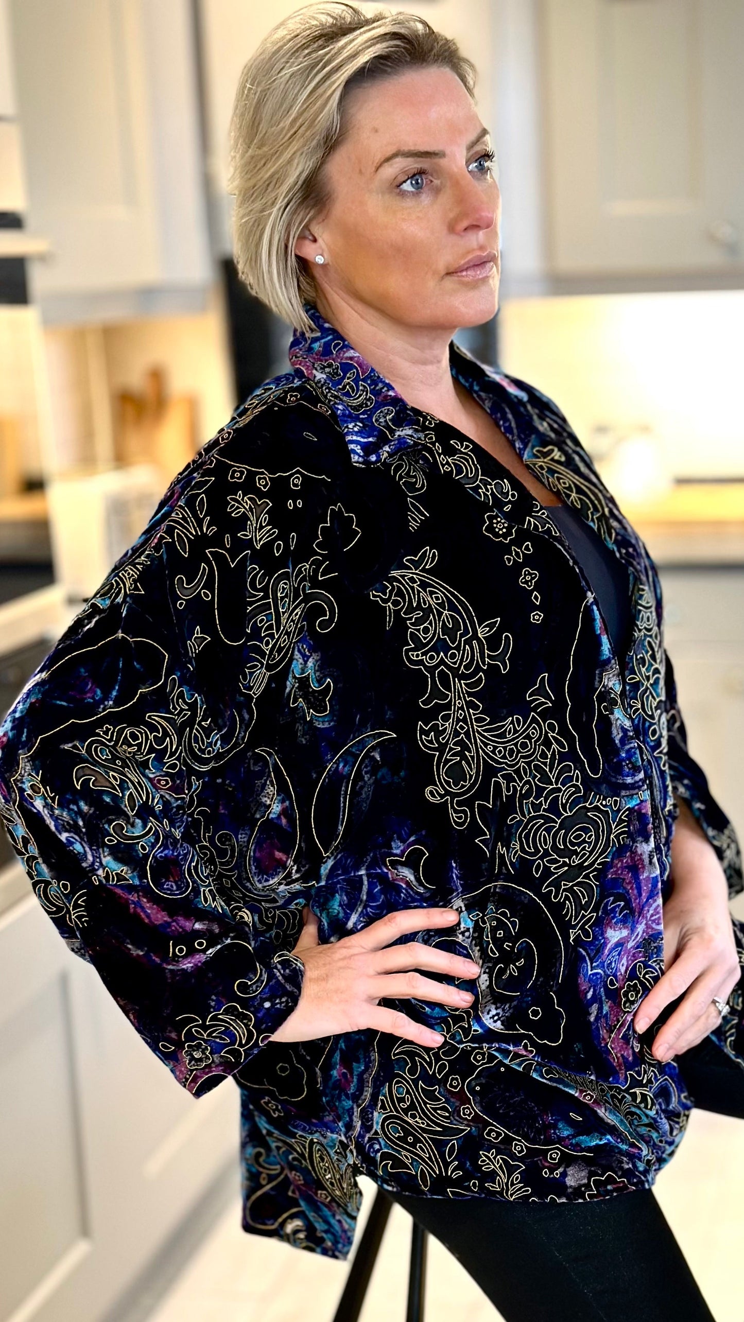 AA-THE SOHO OVERSIZED SHIRT IN DEVORÉ SILK VELVET IN BLUE PAISLEY