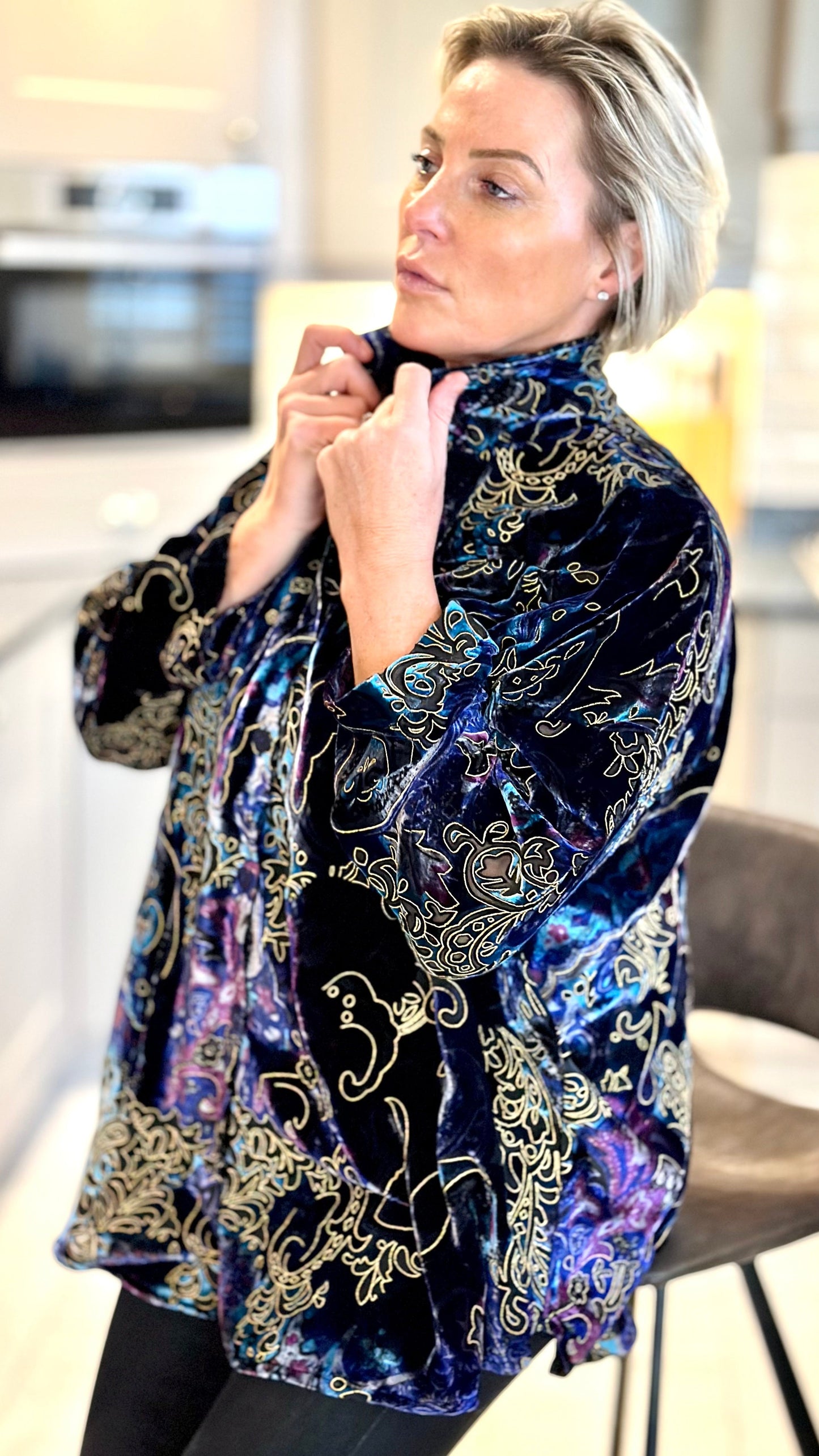 AA-THE SOHO OVERSIZED SHIRT IN DEVORÉ SILK VELVET IN BLUE PAISLEY