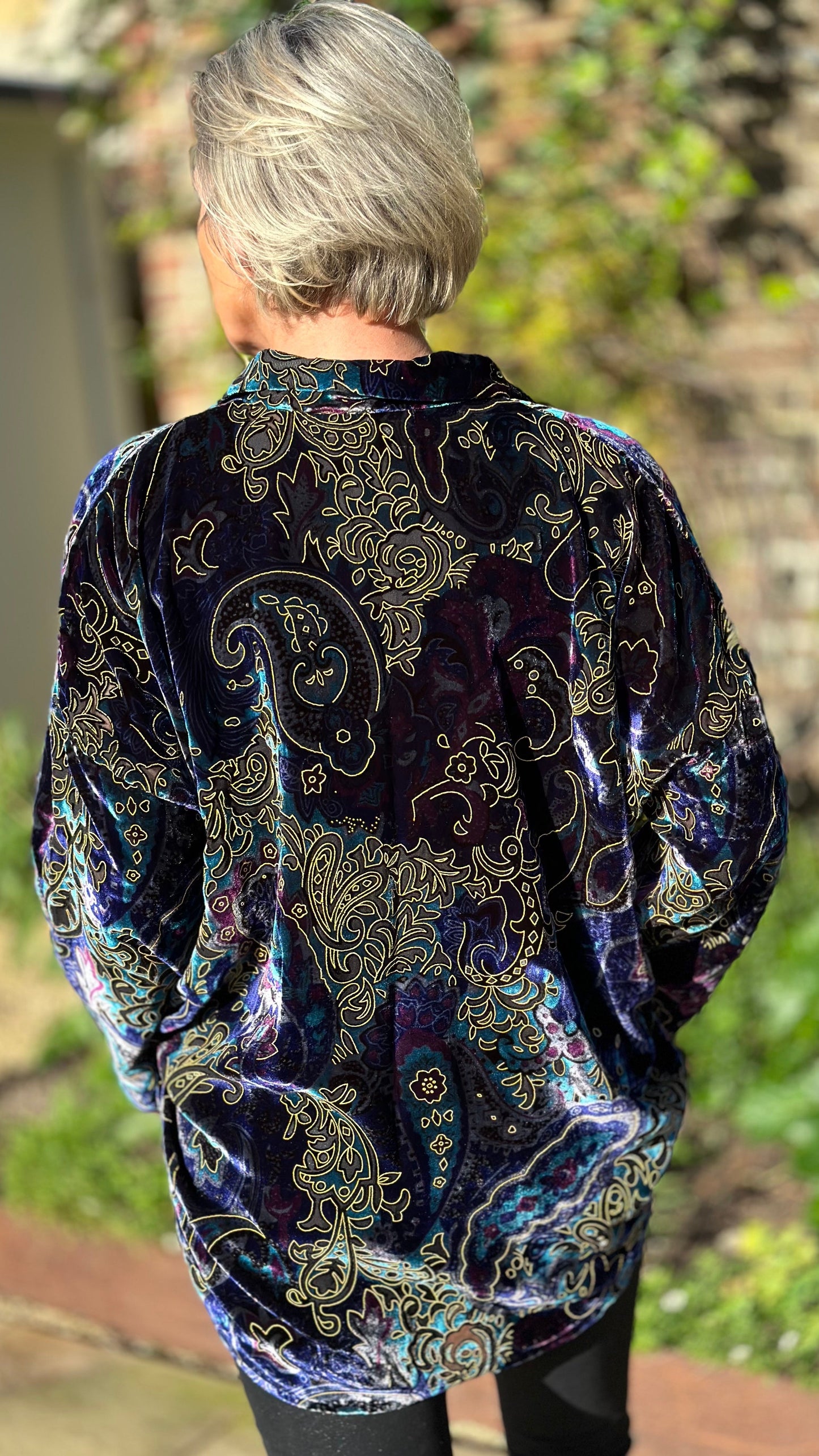 AA-THE SOHO OVERSIZED SHIRT IN DEVORÉ SILK VELVET IN BLUE PAISLEY