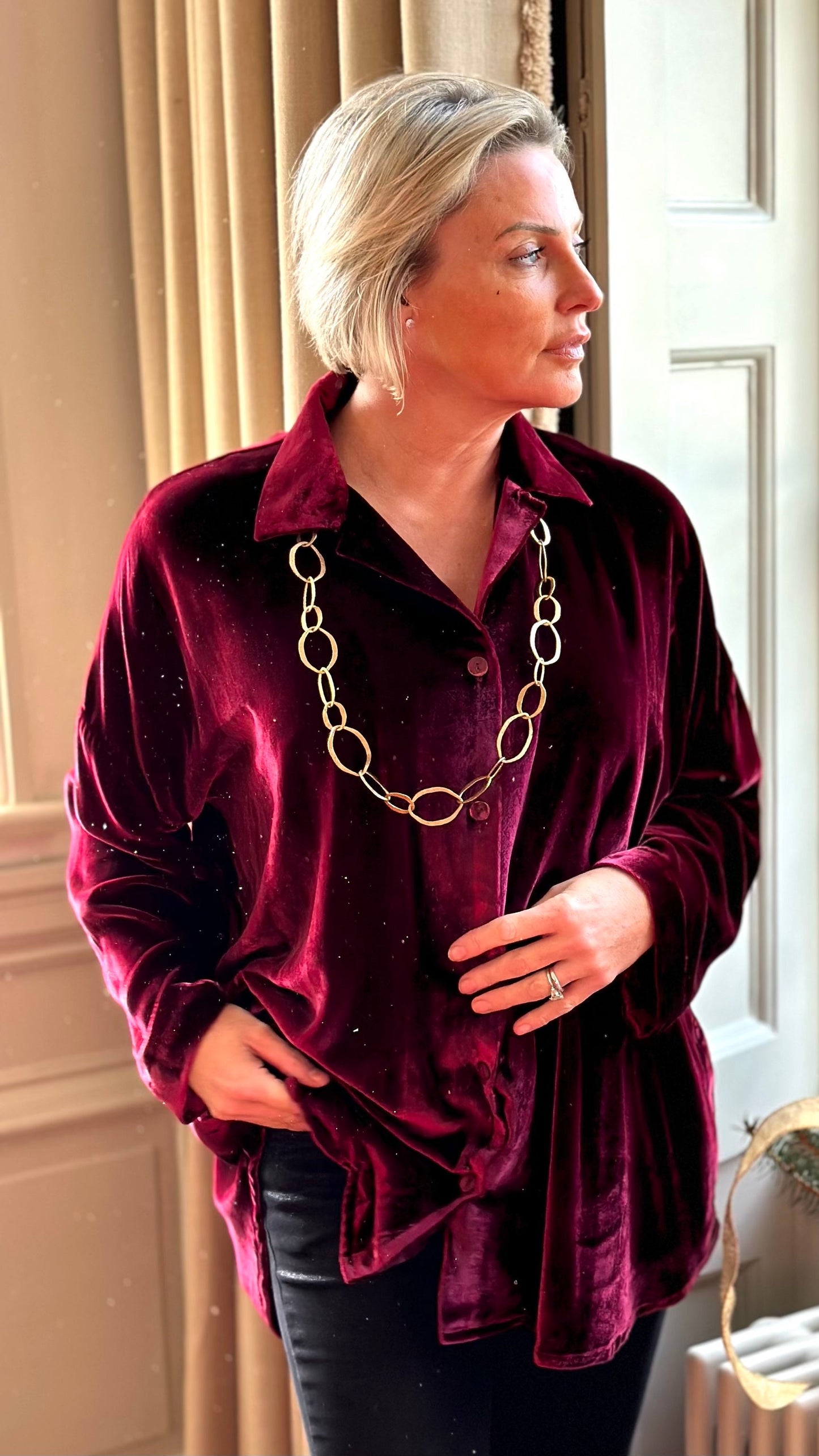 N-THE SOHO OVERSIZED SHIRT IN INTENSE BURGUNDY VELVET