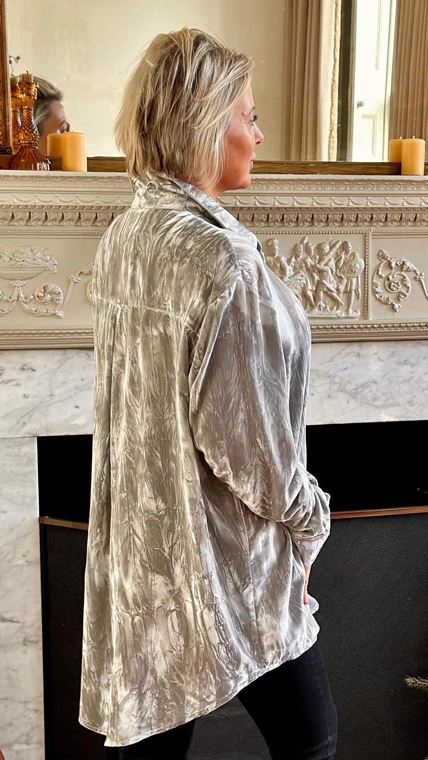 O-THE KENSINGTON OVERSIZED SHIRT IN SILVER SILK VELVET