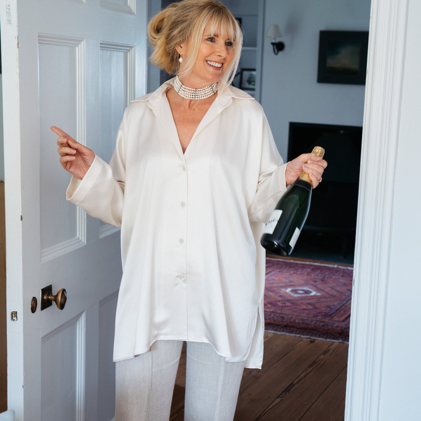 Q-THE SOHO OVERSIZED SHIRT IN IVORY SILK SATIN BLEND