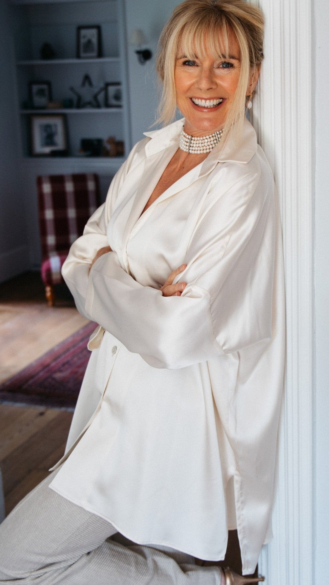 Q-THE SOHO OVERSIZED SHIRT IN IVORY SILK SATIN BLEND