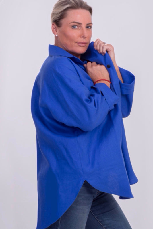 D-THE TARA OVERSIZED SHIRT IN COBALT BLUE IRISH LINEN