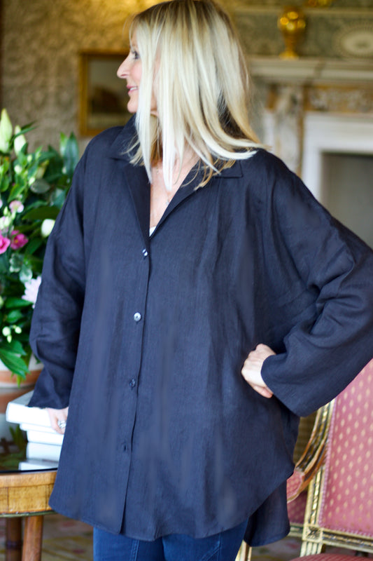 E-THE TARA OVERSIZED SHIRT IN BLACK ONYX IRISH LINEN